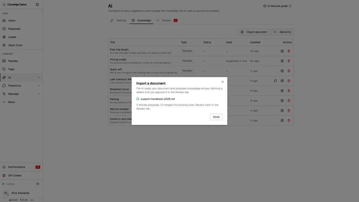 The Import a document dialog after a finished import, reporting that eleven entries were proposed and thirteen were merged into existing ones, ready for the Review tab