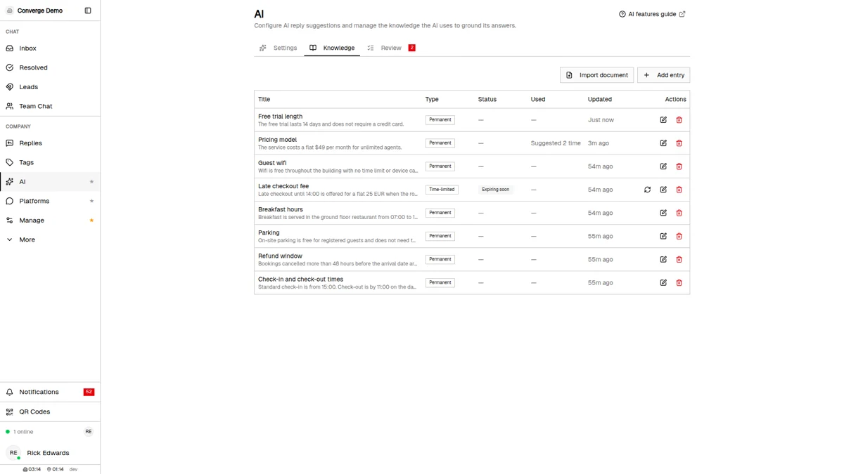 The Knowledge tab listing eight approved facts, each marked Permanent or Time-limited, with one flagged as expiring soon and another showing how many times it has been used to answer a customer
