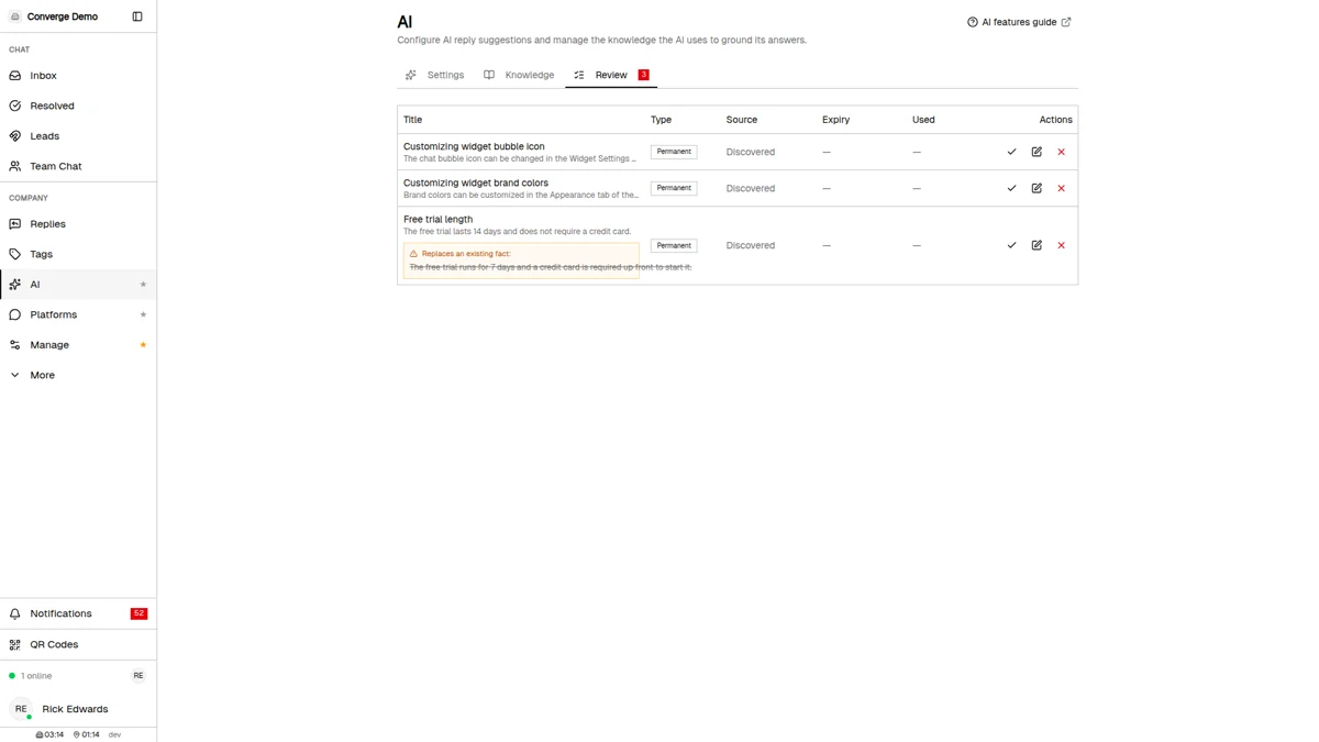 The Review tab with three pending proposals discovered from conversations, one flagged as replacing an existing fact shown struck through, and approve, edit and dismiss buttons on each row