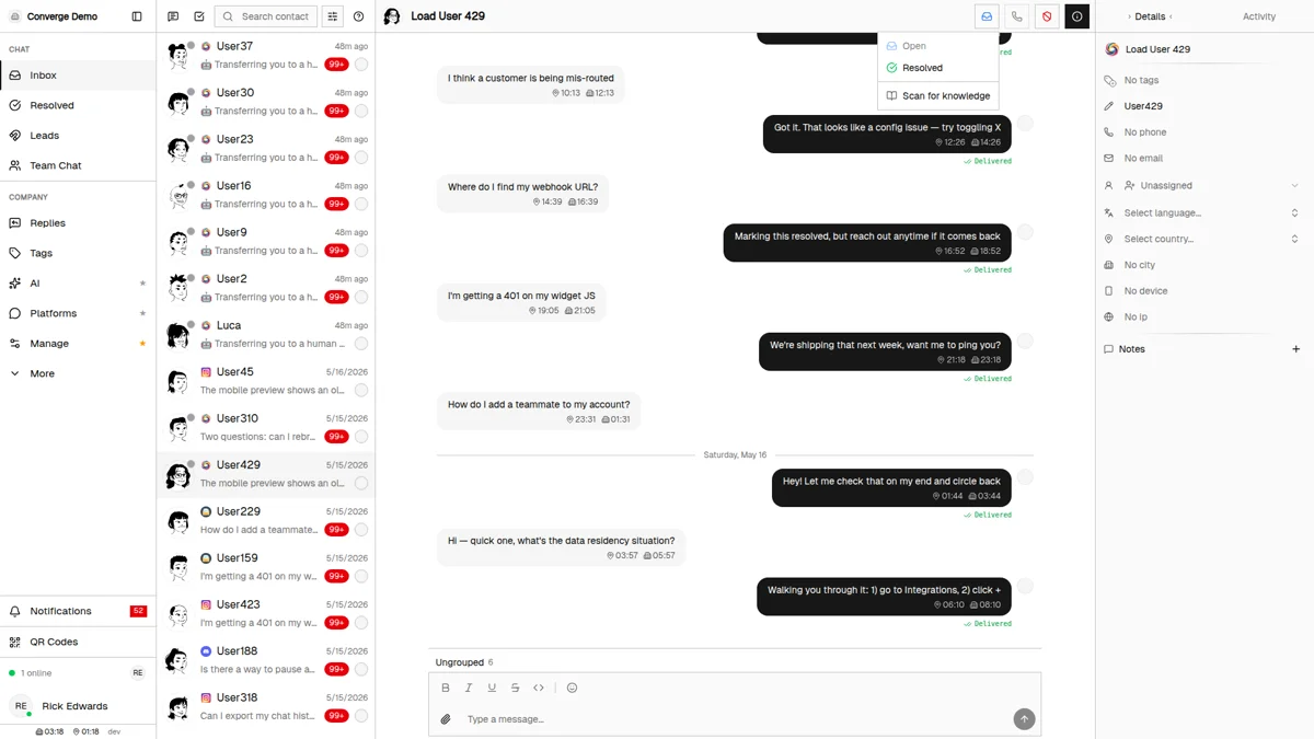 The chat header menu open on a live conversation, showing the Scan for knowledge option below the Open and Resolved status choices