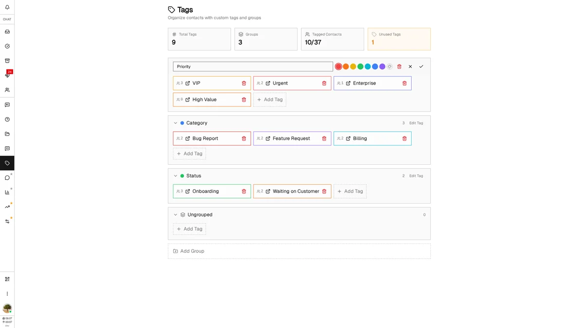 Tag being edited with group dropdown